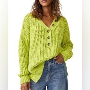 NWT FREE PEOPLE Whistle Thermal Henley Acid Lime Combo Sweater